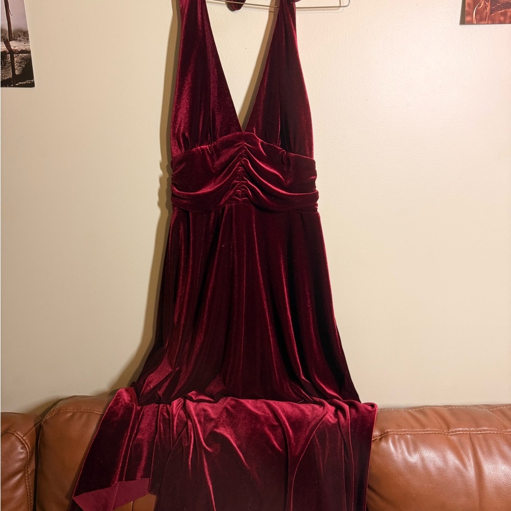 Robbie Bee Deep Burgundy Velvet Halter Maxi Dress